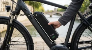 Gros plan sur le moteur central d'un vélo électrique milieu de gamme à budget accessible.