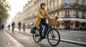 Vélo électrique urbain idéal pour les trajets quotidiens en ville avec panier et cadre col de cygne.