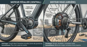 Schéma explicatif de la position des moteurs de vélo électrique entre pédalier central et roue arrière. 

