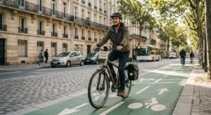 Cycliste urbain roulant sur une piste cyclable avec un vélo électrique pas cher à moins de 800 euros