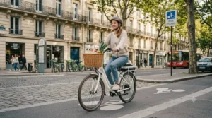 Vélo électrique de ville avec panier et porte-bagages proposé à moins de 800 euros