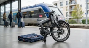 Vélo pliand électrique compact facile à transporter dans le train ou le coffre d'une voiture
