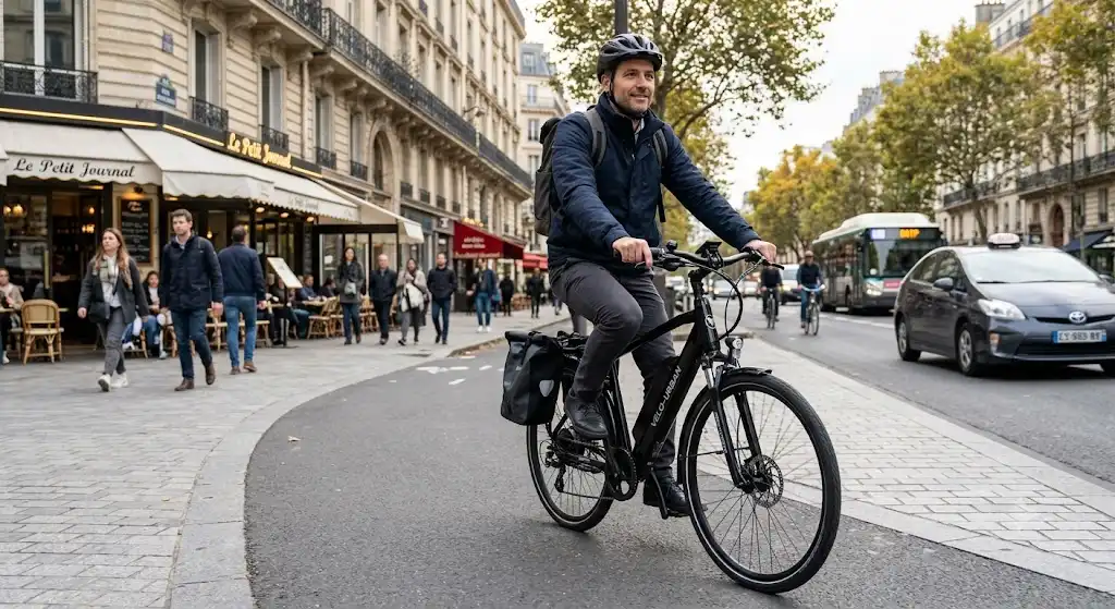 Homme effectuant un trajet urbain quotidien sur un VTC électrique confortable en ville