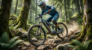 VTT électrique tout suspendu en plein effort sur un sentier pour illustrer comment choisir un VTTAE sportif. 

