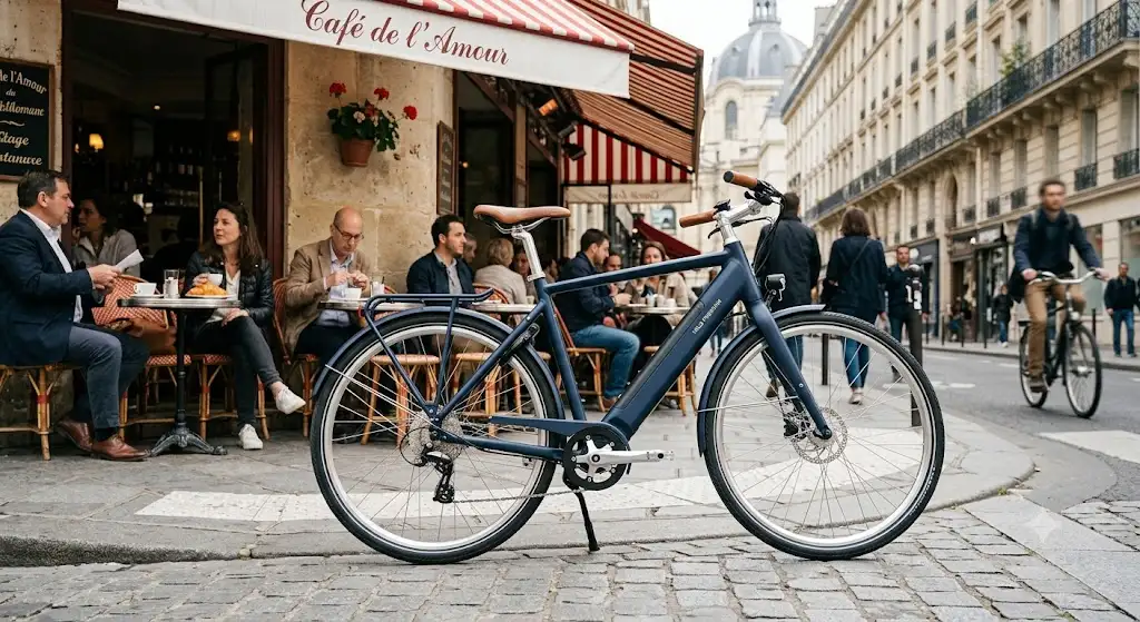 Vélo électrique premium au design urbain élégant stationné devant une terrasse de café parisienne