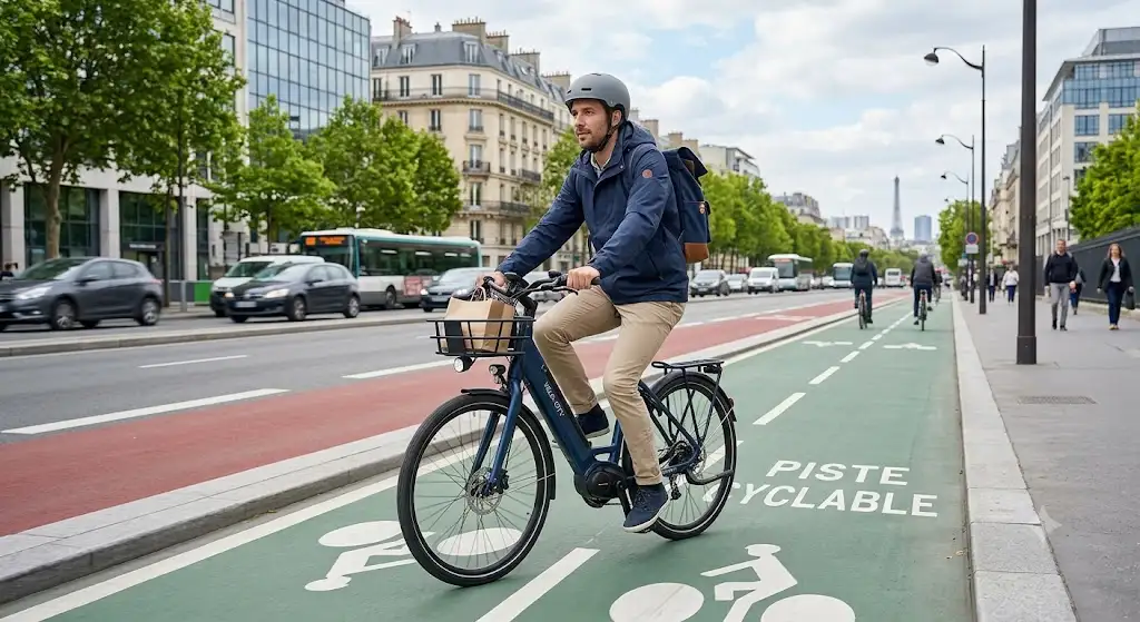 Illustration d'un cycliste circulant sur une piste cyclable sécurisée avec son vélo électrique de ville.