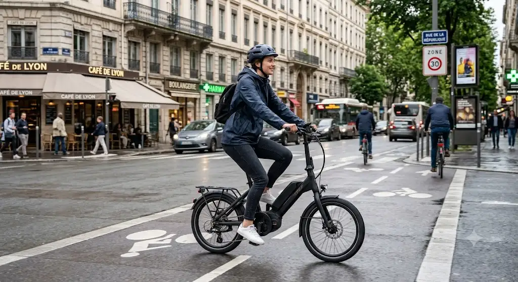 Cycliste urbain effectuant son trajet quotidien en ville sur un vélo électrique pliant