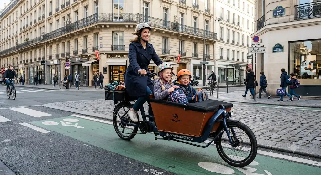 Parent transportant ses deux enfants à l'école en vélo cargo électrique en centre-ville.