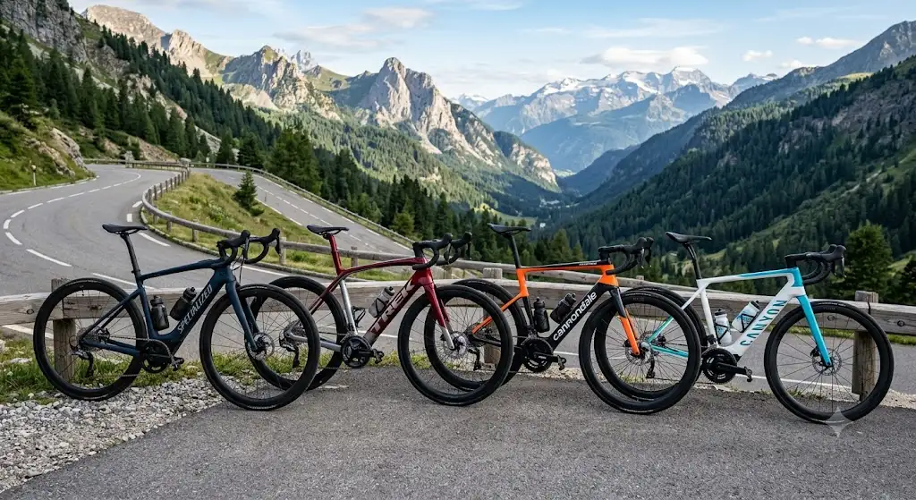 Comparatif des meilleurs modèles de vélo de route électrique présentés en environnement montagneux.
