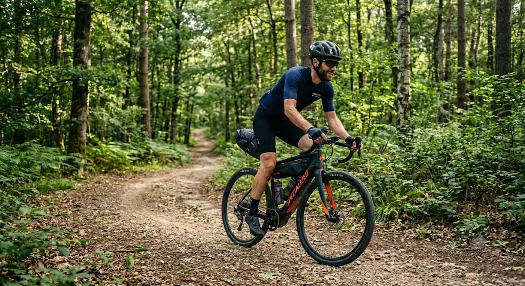 Cycliste roulant sur un vélo gravel électrique polyvalent sur un chemin forestier