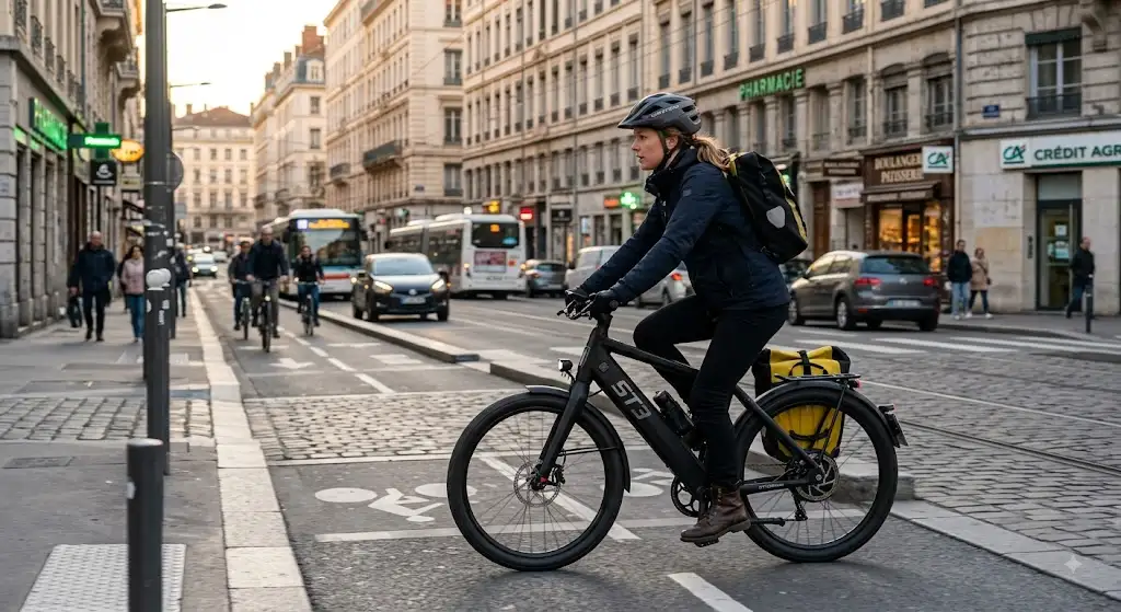 Cycliste effectuant un trajet vélotaf en centre-ville sur un speed pedelec