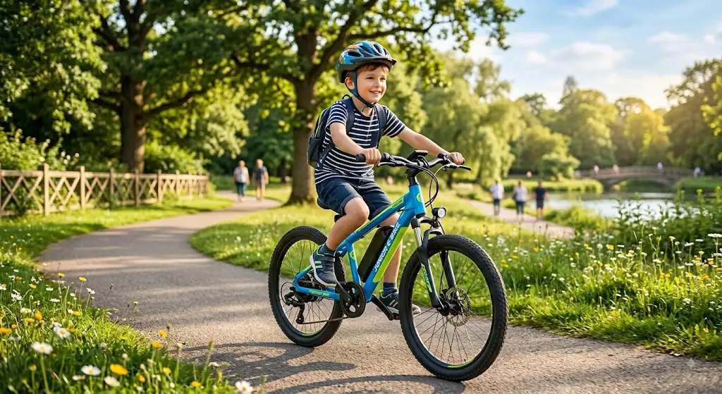 Illustration d'un enfant roulant sur un vélo électrique junior dans un parc ensoleillé
