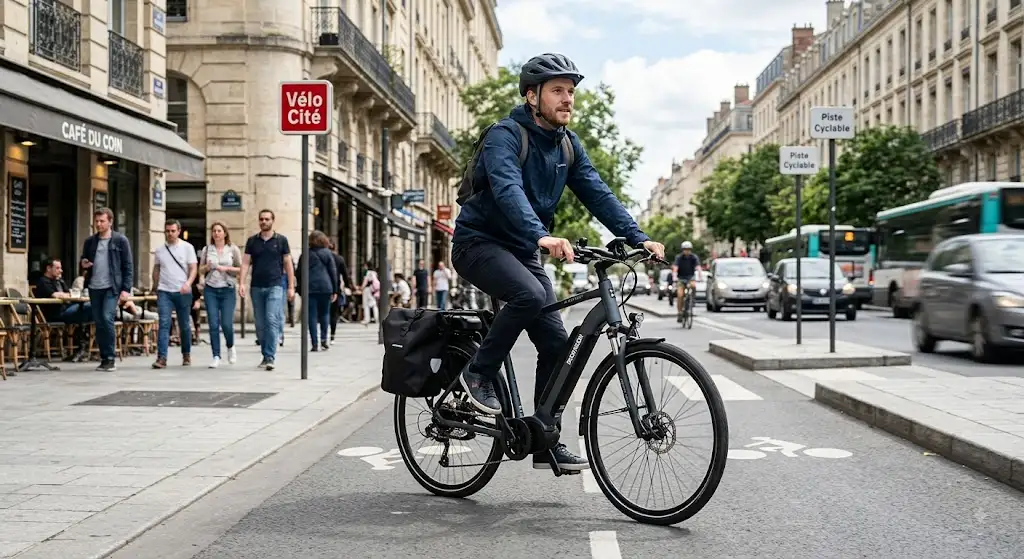 Avis sur le vélo électrique Decathlon avis Elops en circulation urbaine lors d'un test complet