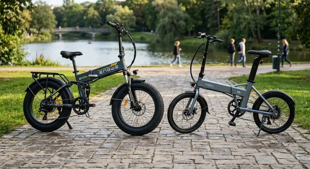 engwe ou fiido comparatif : deux vélos électriques pliants côte à côte pour un usage urbain et tout-terrain