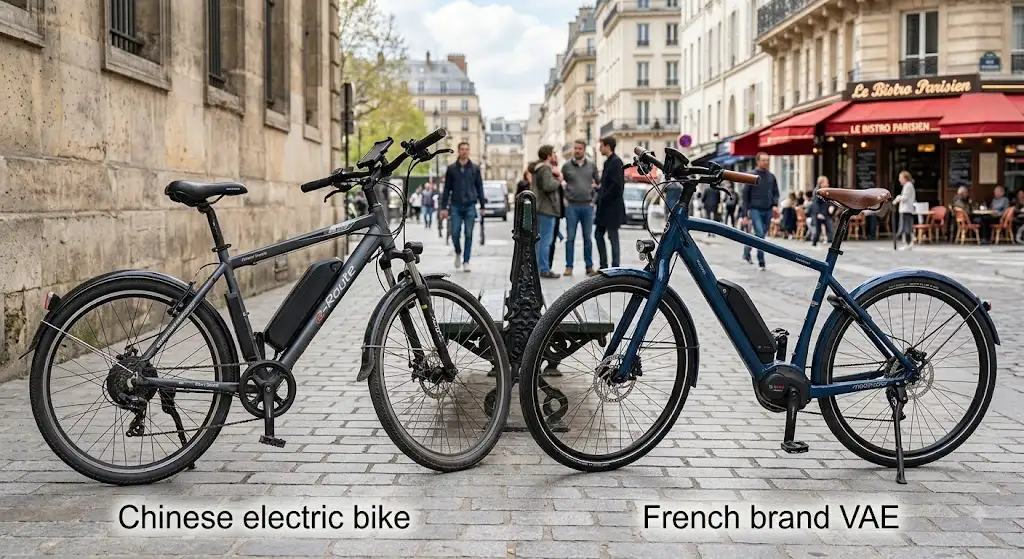 Comparatif visuel entre un vélo électrique chinois vs marque française en milieu urbain