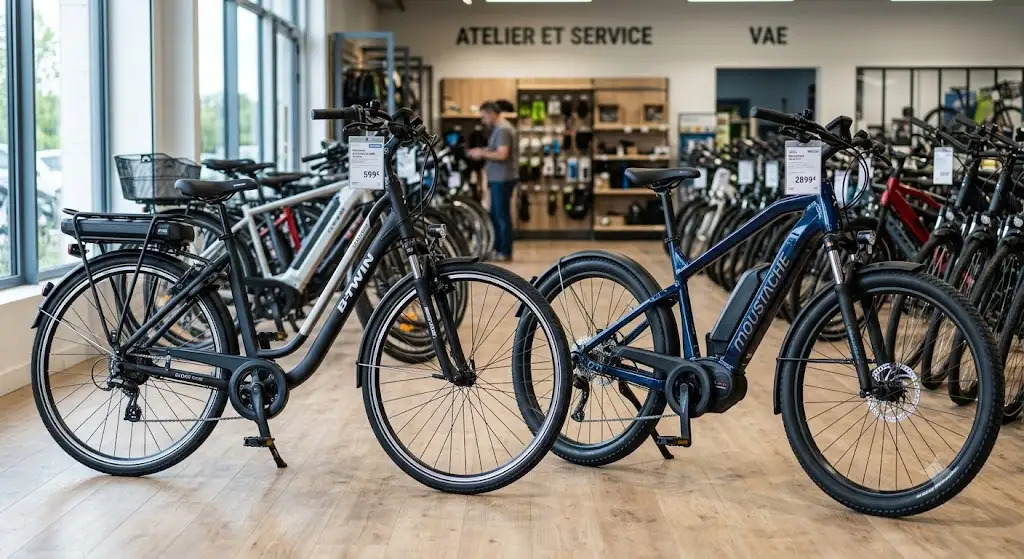 Comparatif visuel entre un vélo électrique Decathlon Btwin et un VAE de marque spécialiste en magasin. (decathlon ou marque spécialiste vae)