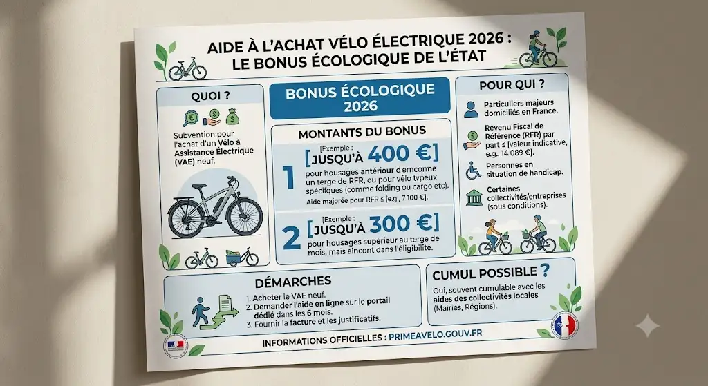 Infographie récapitulative du bonus écologique de l'État pour aide achat vélo électrique 2026