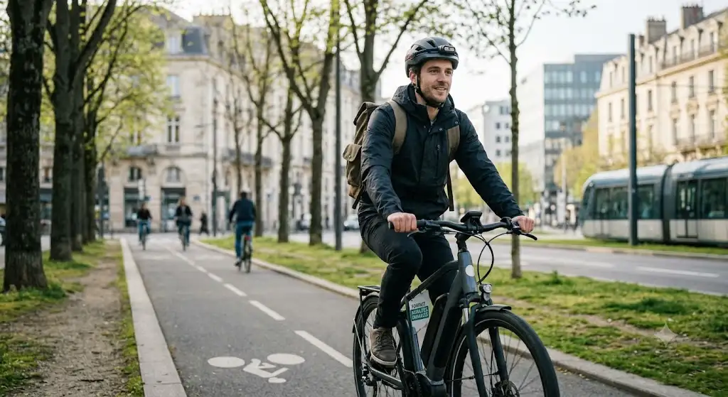 Salarié se rendant au travail à vélo électrique dans le cadre du forfait mobilités durables