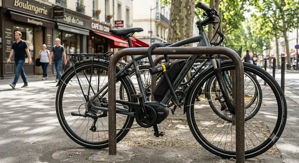 antivol vélo électrique homologué sra attaché au cadre d'un vélo électrique en ville