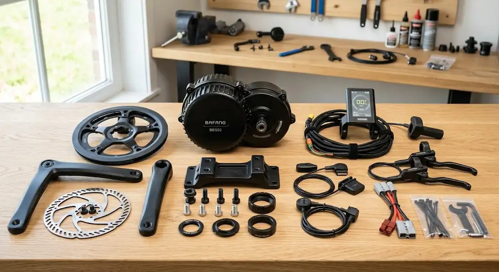 Vue d'ensemble du kit moteur central Bafang complet avec moteur pédalier, câblage, écran et accessoires de montage pour vélo électrique.