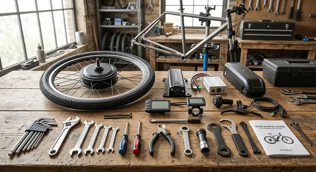 Outils et composants nécessaires pour le guide installation kit de conversion vélo électrique