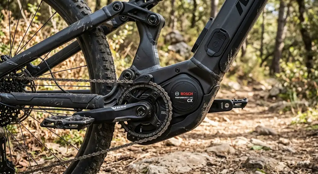 moteur bosch vélo électrique Performance Line CX intégré dans le pédalier d'un VTTAE