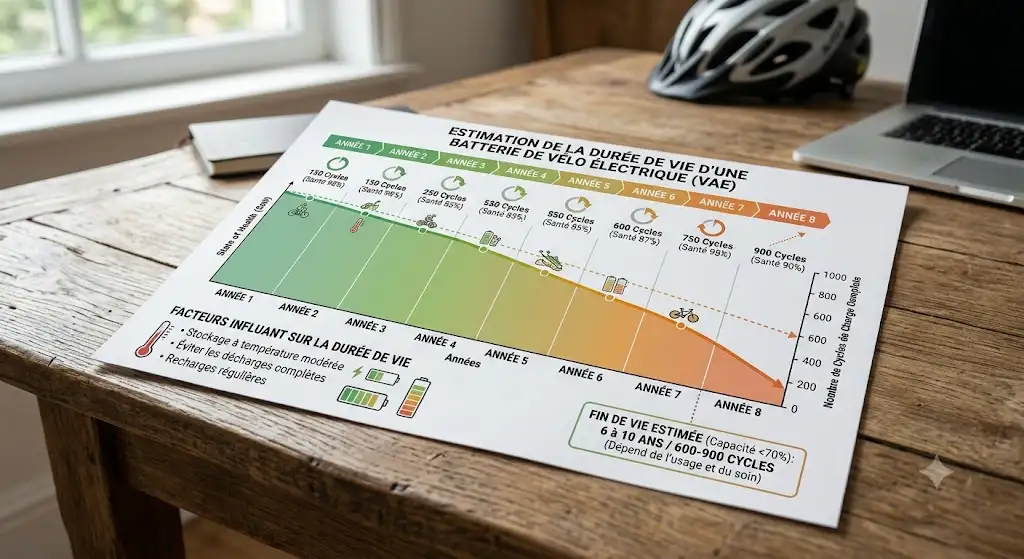 Graphique montrant l'estimation de la durée de vie durée de vie batterie vélo électrique en nombre d'années et de cycles de charge complets