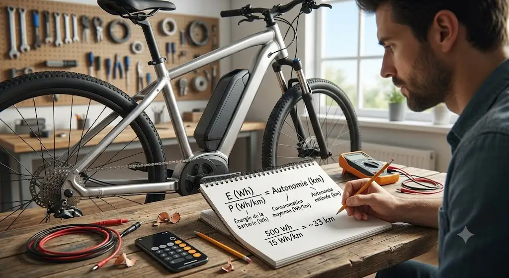 Illustration expliquant la formule pour calculer autonomie vélo électrique en wattheures.