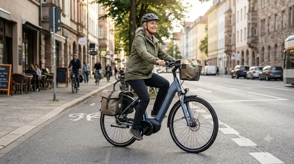 Vélo électrique senior à cadre bas facilitant l'enjambement pour circuler confortablement en ville