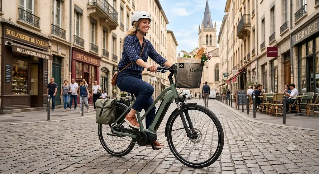 Femme circulant en ville sur un vélo électrique femme urbain à enjambement bas avec panier avant