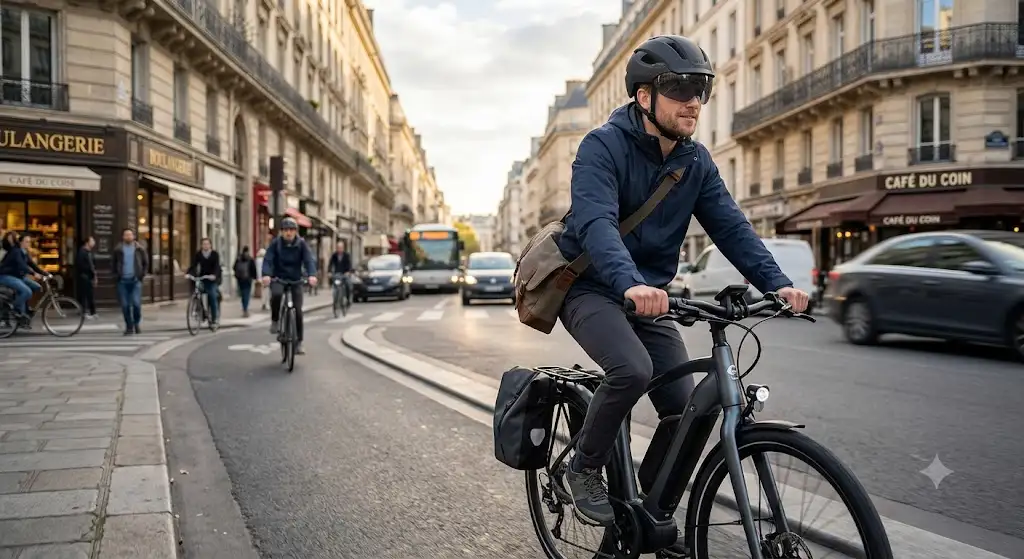 Cycliste urbain portant un casque vélo électrique noir avec visière intégrée pour ses trajets quotidiens
