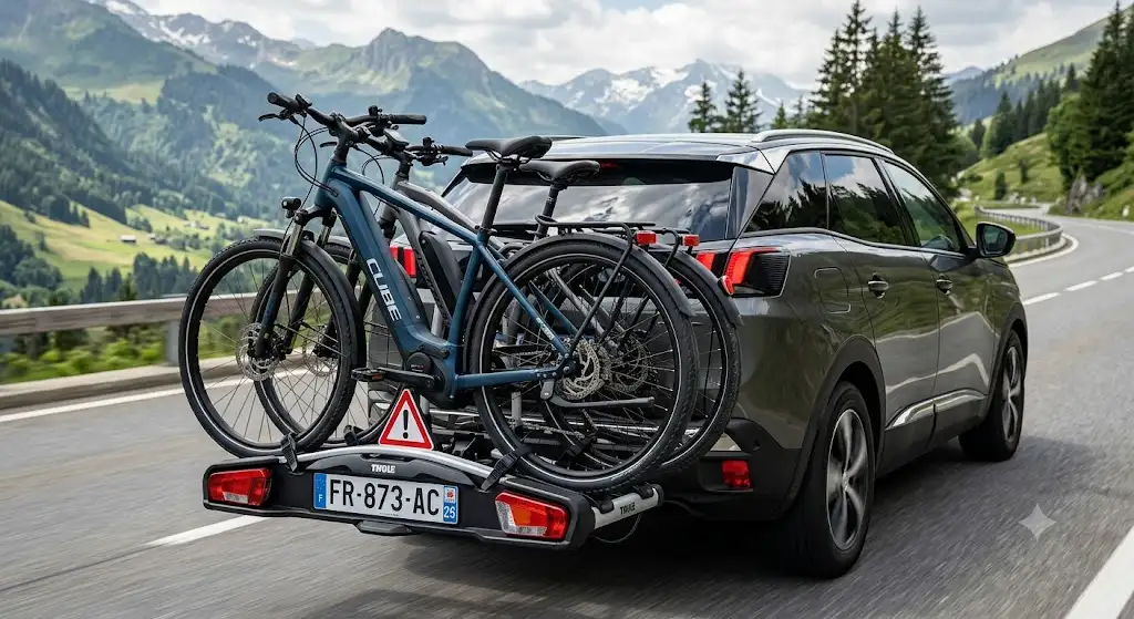 porte vélo électrique voiture monté sur la boule d'attelage d'une voiture avec deux VAE installés porte vélo électrique voiture