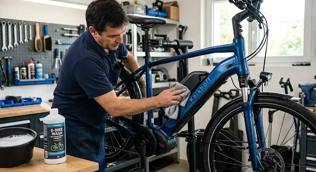 Nettoyage du cadre d'un vélo à assistance électrique avec un chiffon microfibre et un produit doux sans jet haute pression. (entretien vélo électrique)