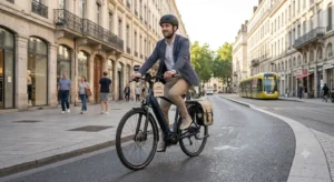 Cycliste en ville roulant sur le meilleur vélo électrique urbain de moins de 3000 euros