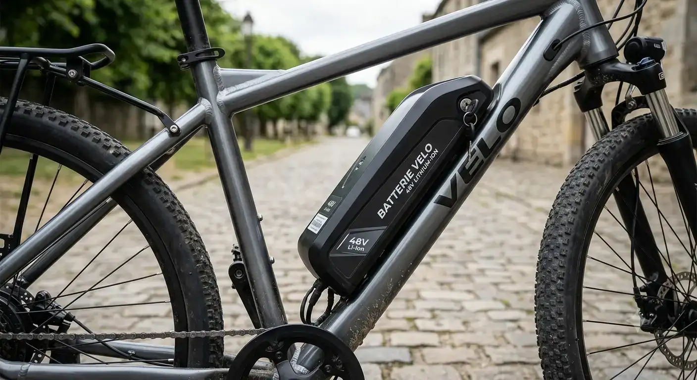 Batterie vélo électrique 48V au lithium-ion installée sur le cadre d'un VAE
