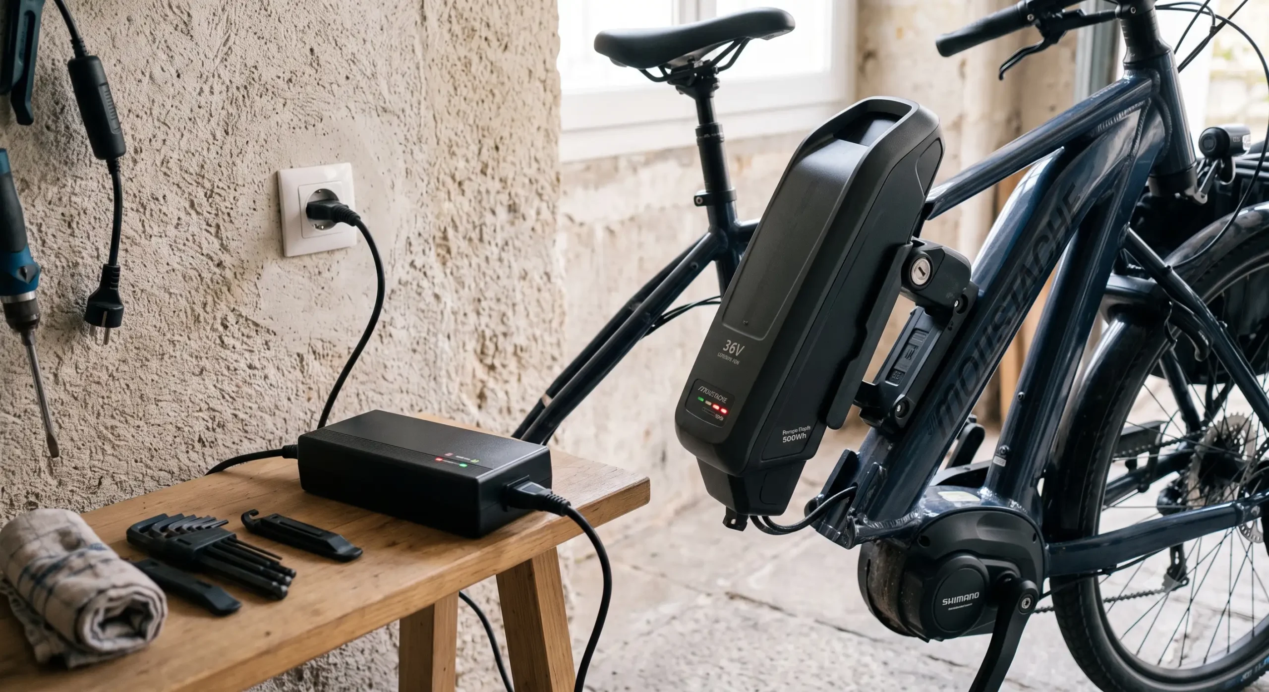 Recharge d'une batterie vélo électrique 36v branchée sur prise secteur à domicile