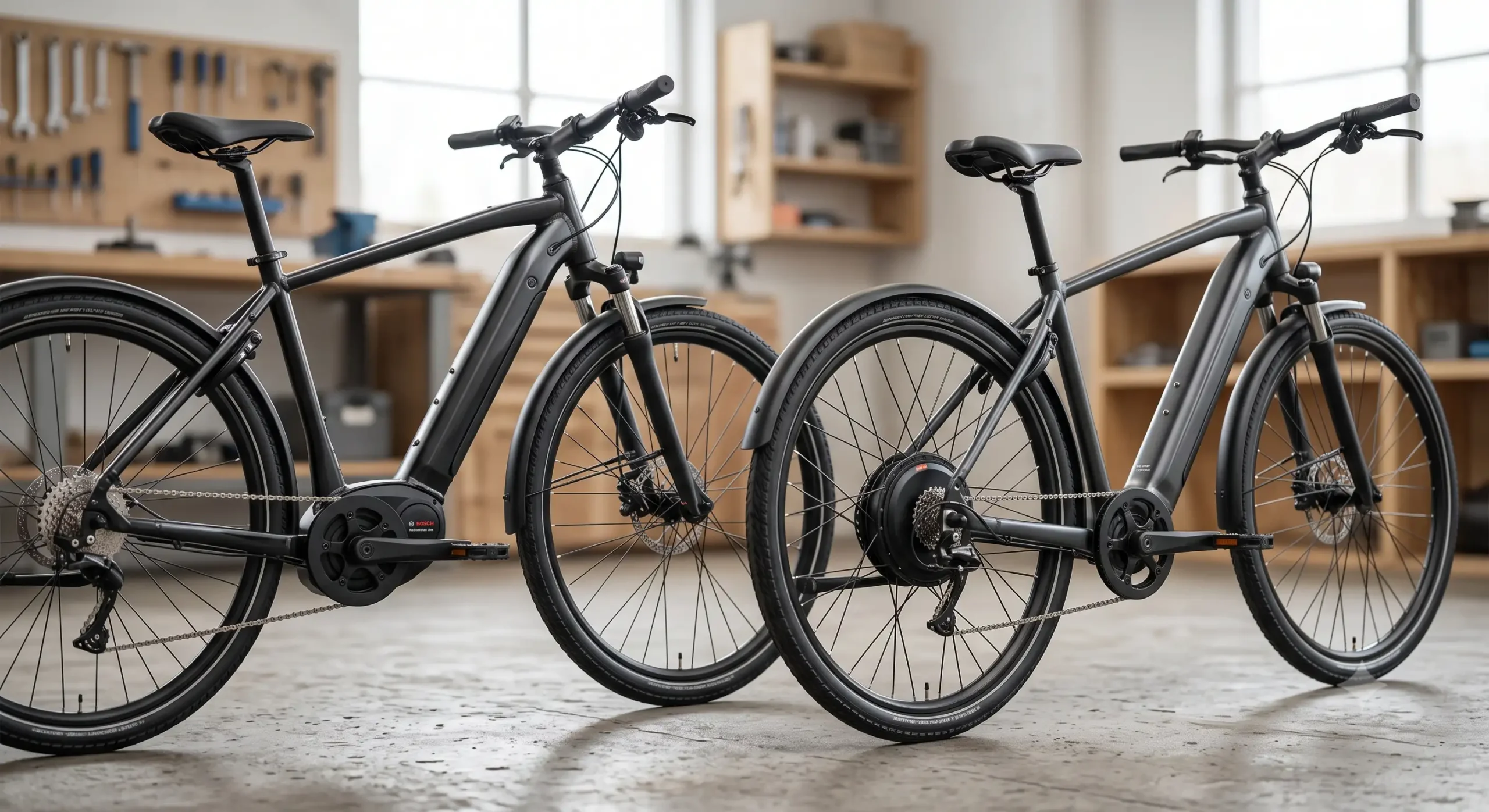 Comparatif visuel entre un moteur pédalier central et un moteur roue sur un vélo électrique (moteur pédalier vs moteur roue)
