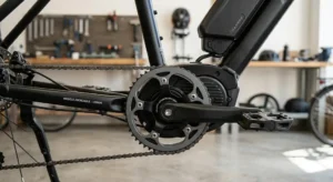 Vue rapprochée du moteur central et du pédalier d'un vélo électrique à budget abordable