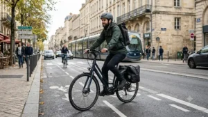 Cycliste en ville utilisant un vélo électrique urbain à moins de 2000 euros pour son trajet quotidien