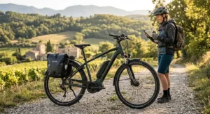 Vélo tout-chemin électrique à moins de 2000 euros équipé d'un porte-bagages et de garde-boue