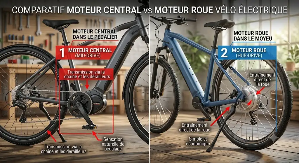 Schéma comparatif entre un moteur central dans le pédalier et un moteur roue sur un vélo électrique (moteur central vs moteur roue vélo électrique)