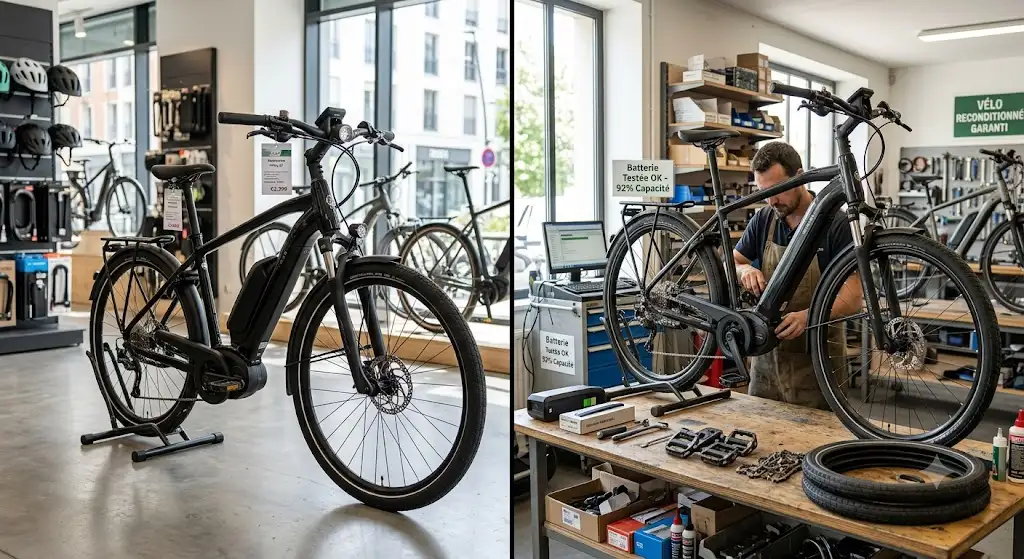 Comparatif visuel entre un vélo électrique neuf en magasin et un vélo reconditionné en atelier vélo électrique neuf vs reconditionné