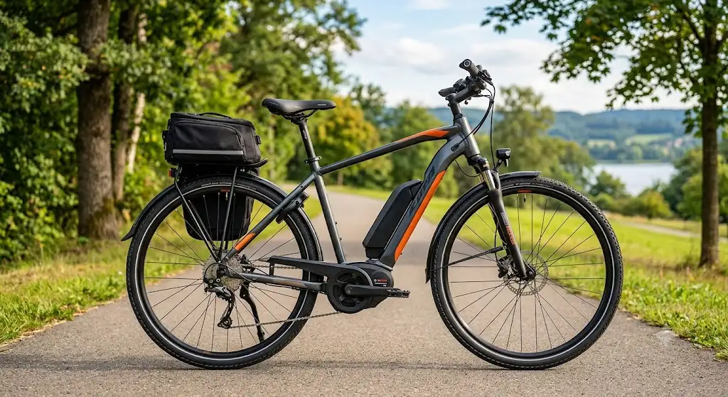 Vélo tout chemin VTC électrique homme moderne avec batterie intégrée au cadre, vue de profil en extérieur