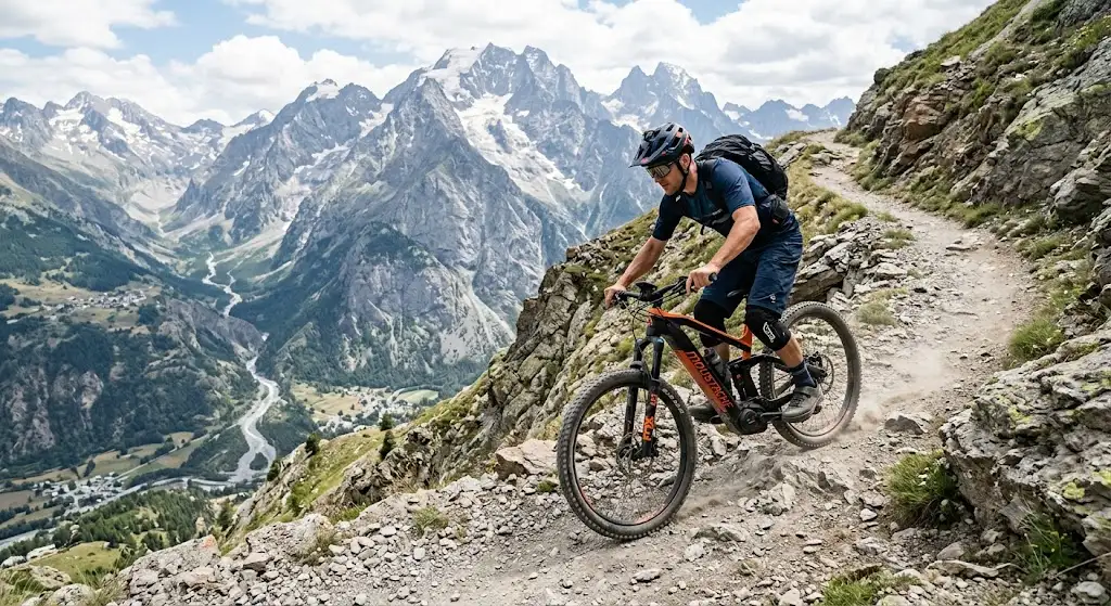 Cycliste en montagne sur un VTT électrique tout suspendu sur un sentier escarpé des Alpes