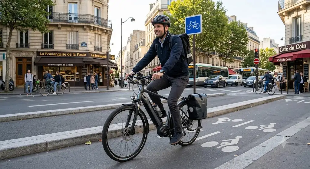 Cycliste en trajet vélotaf sur une piste cyclable urbaine avec un vélo à assistance électrique. (vélo électrique vélotaf)