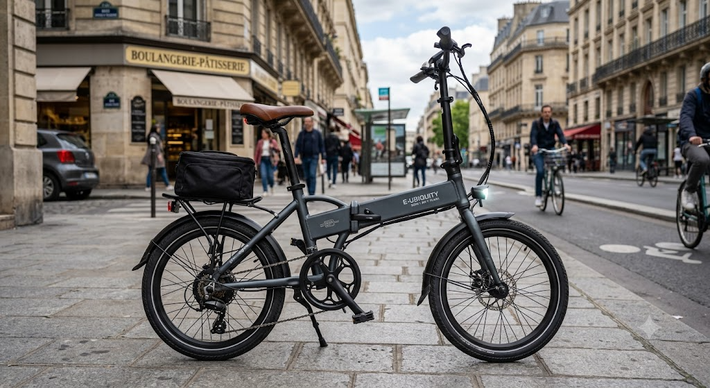 Vélo pliant électrique compact déplié de profil adapté aux déplacements urbains quotidiens