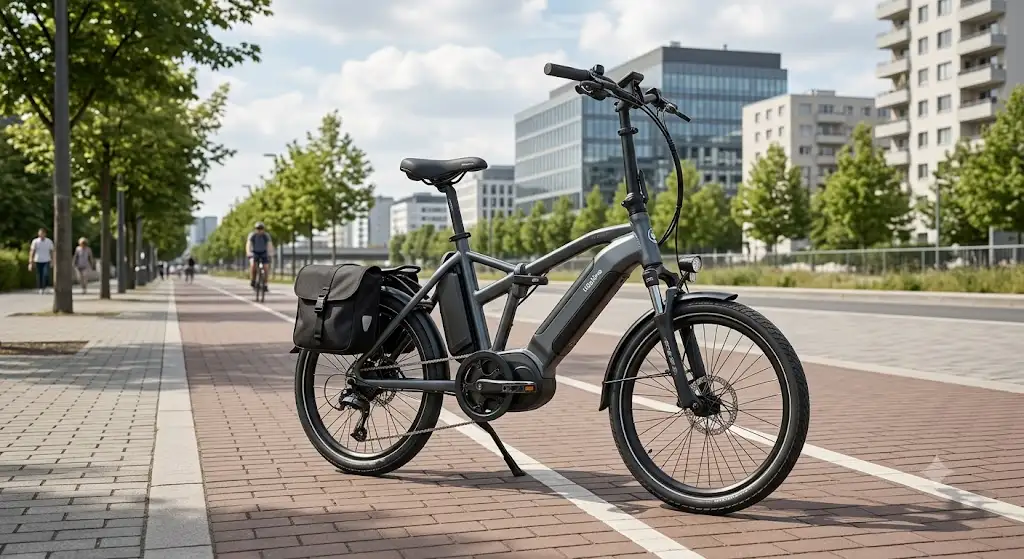vélo pliant électrique grande autonomie stationné sur une piste cyclable urbaine.