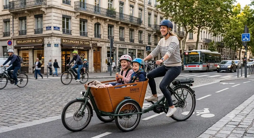 Parent conduisant un biporteur électrique avec deux enfants installés dans la caisse avant en ville