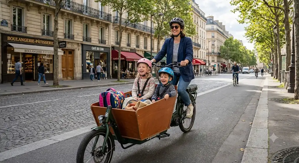 Famille transportant deux enfants dans la benne avant d'un triporteur électrique en zone urbaine
