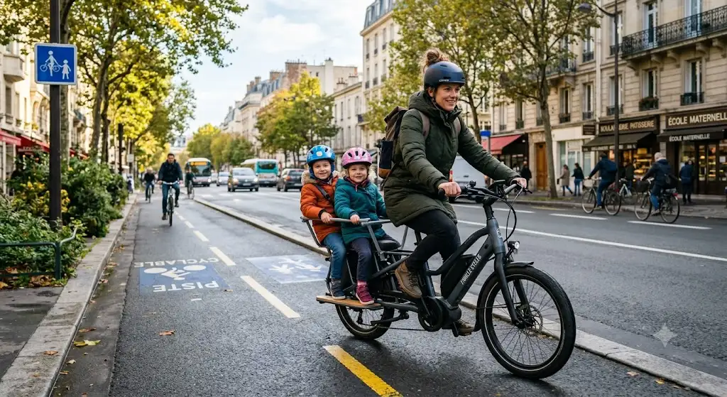 Parent à vélo cargo électrique transport enfants avec casque sur une piste cyclable urbaine vers l'école.